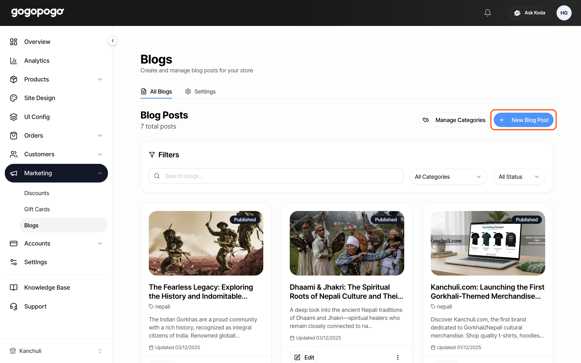 The Blogs list in the GogoPogo dashboard — as seen on a desktop or laptop screen