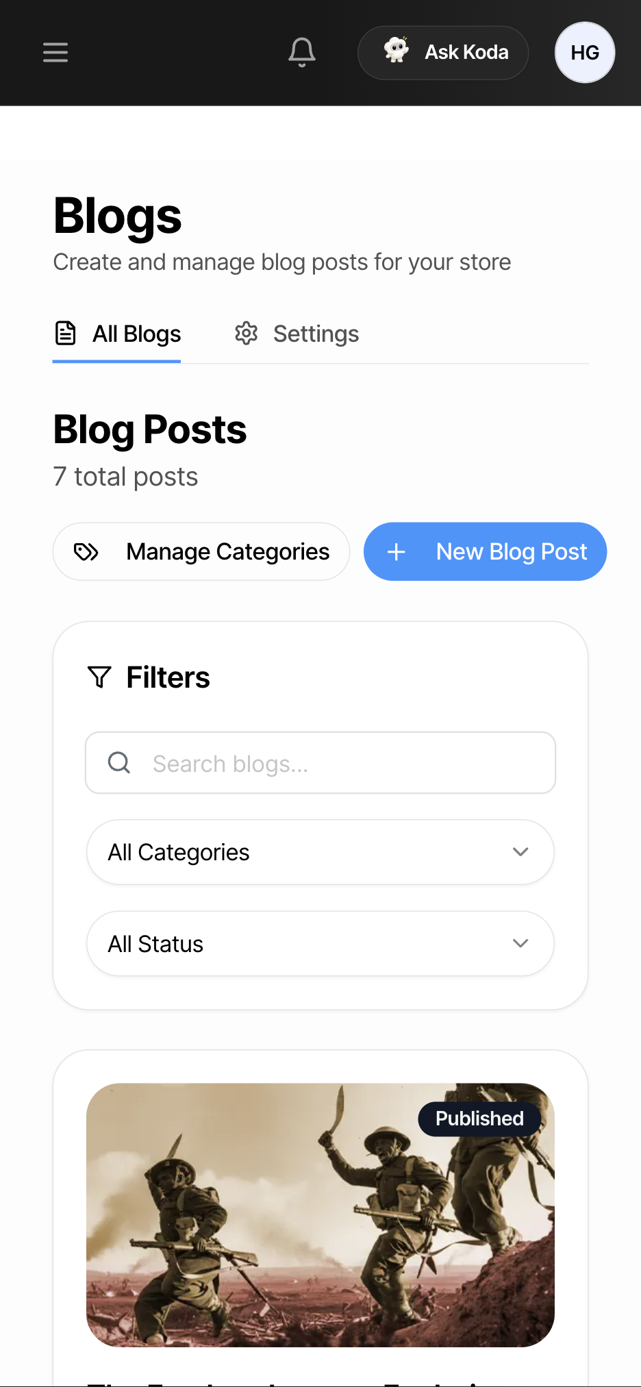 The Blogs list in the GogoPogo dashboard — as seen on a phone screen