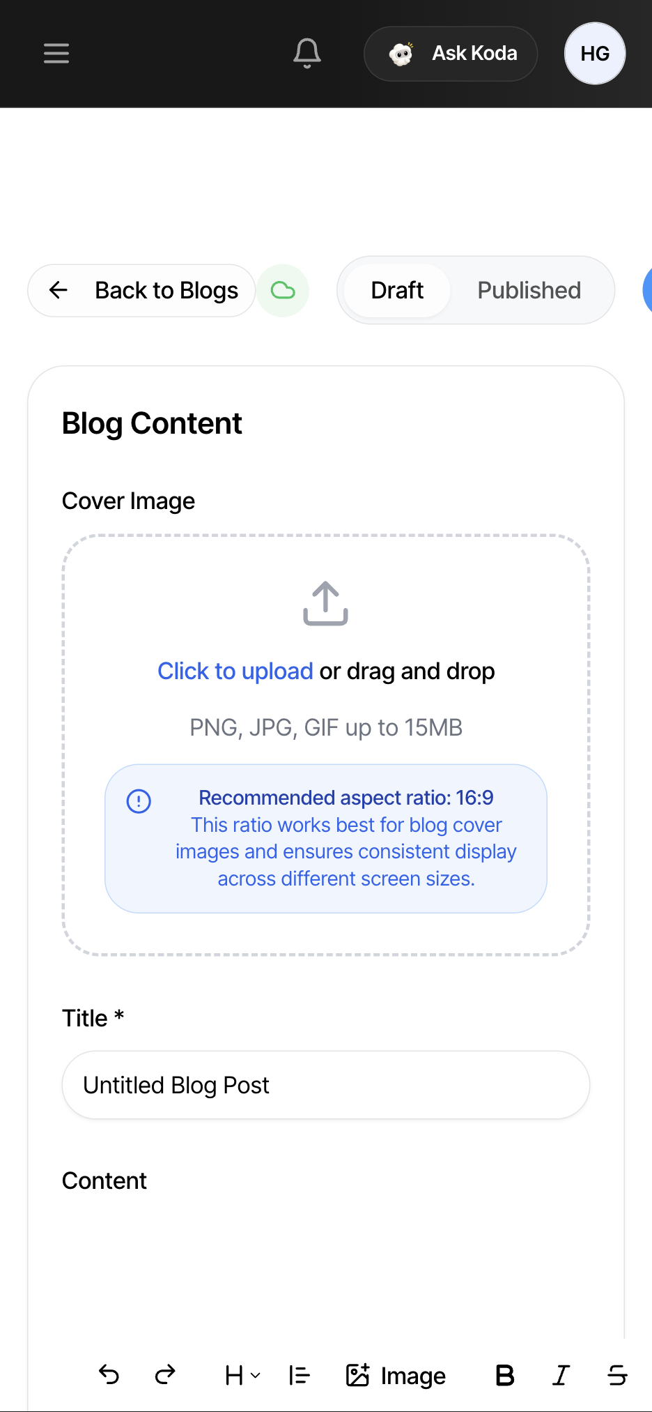 The empty blog editor with the cover image dropzone — as seen on a phone screen