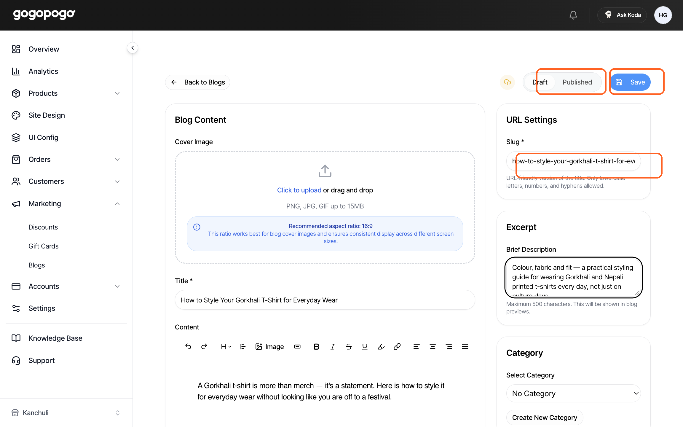 The blog editor with a title, cover image and content filled in — as seen on a desktop or laptop screen