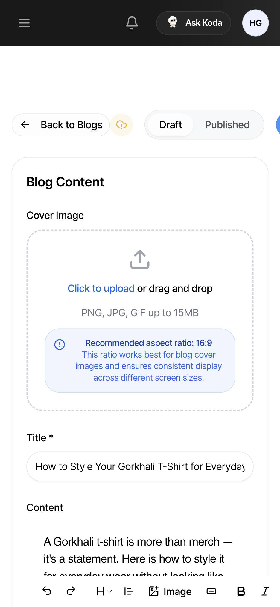 The blog editor with a title, cover image and content filled in — as seen on a phone screen