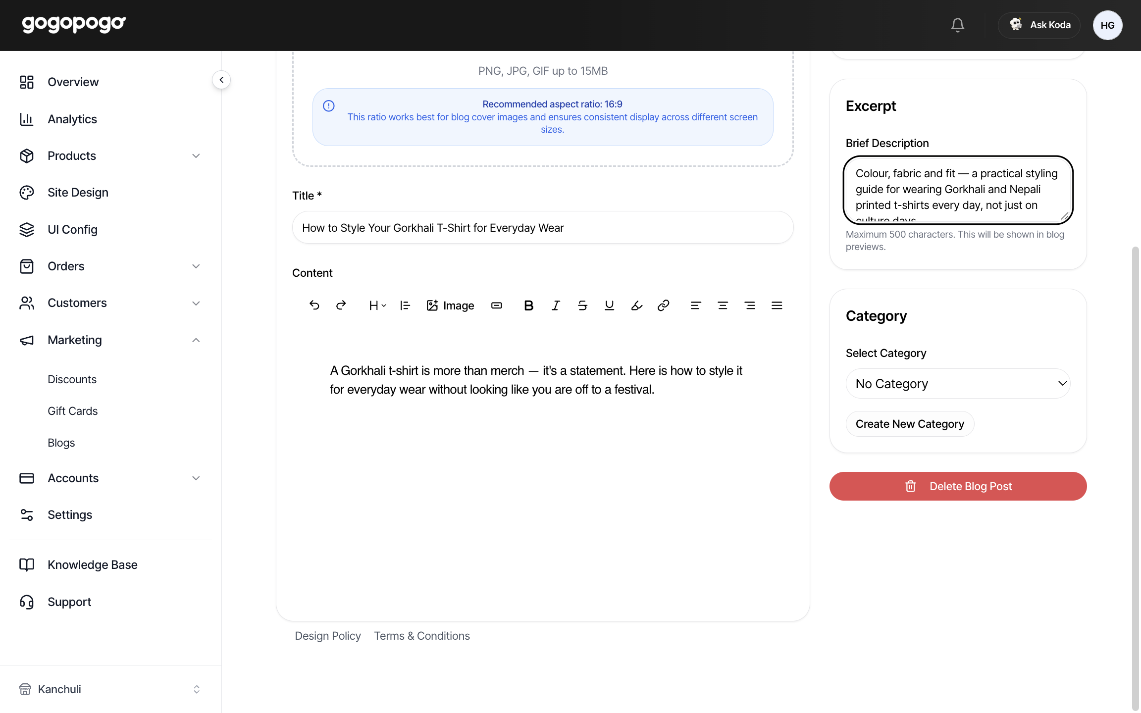 The URL Settings, Excerpt and Category boxes in the blog editor — as seen on a desktop or laptop screen