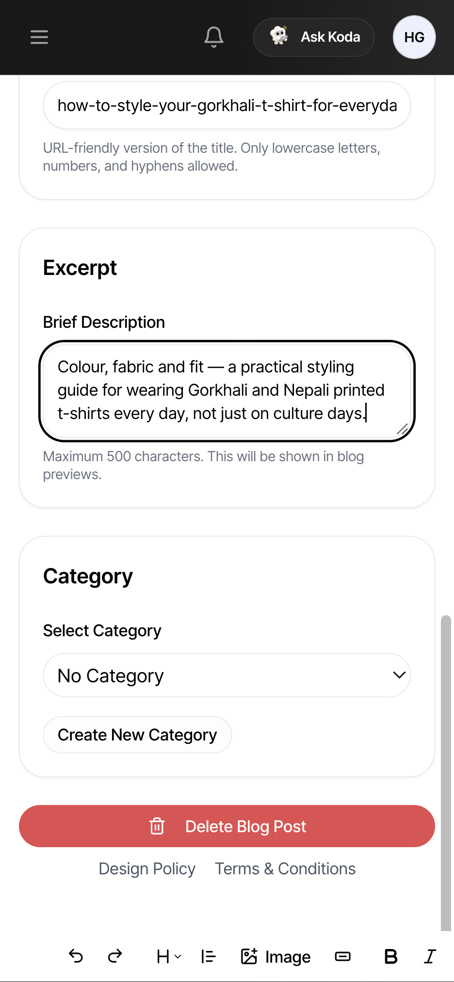 The URL Settings, Excerpt and Category boxes in the blog editor — as seen on a phone screen