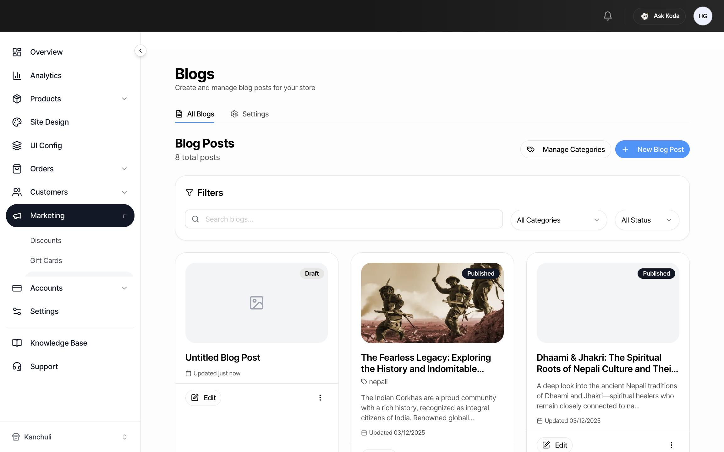A freshly created draft post appearing at the top of the Blogs list — as seen on a desktop or laptop screen