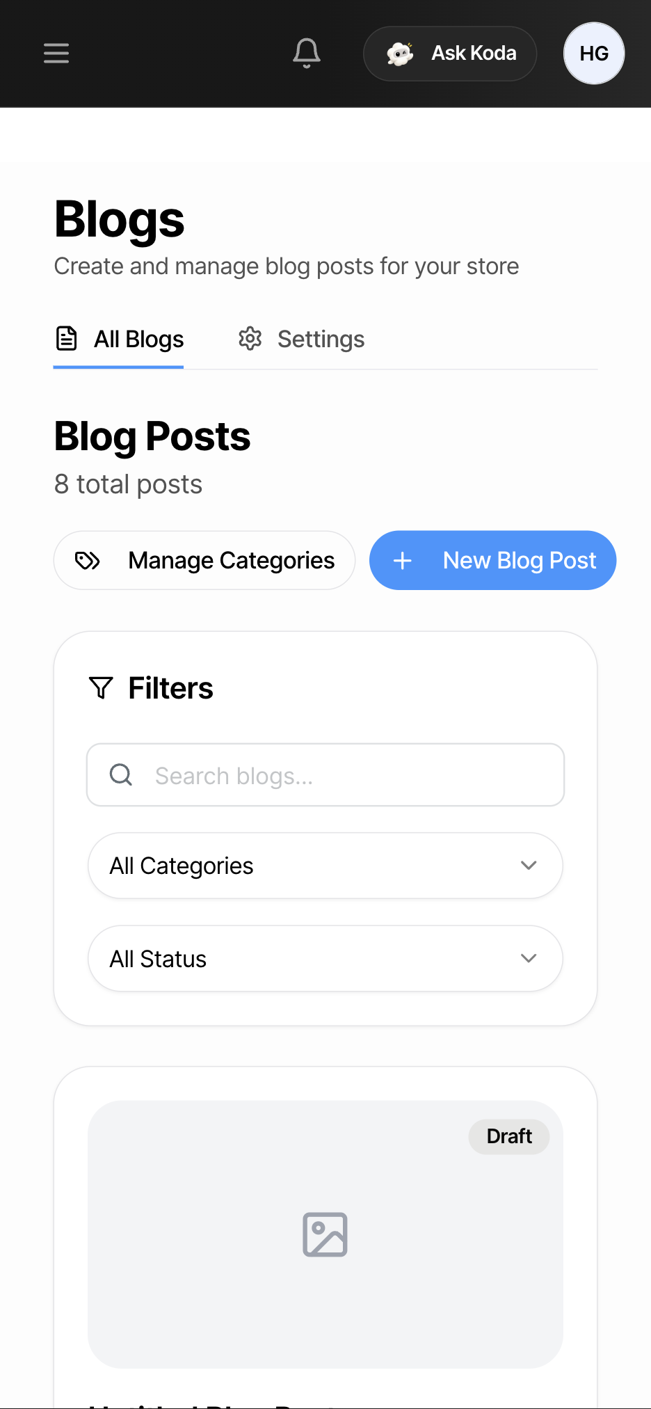 A freshly created draft post appearing at the top of the Blogs list — as seen on a phone screen