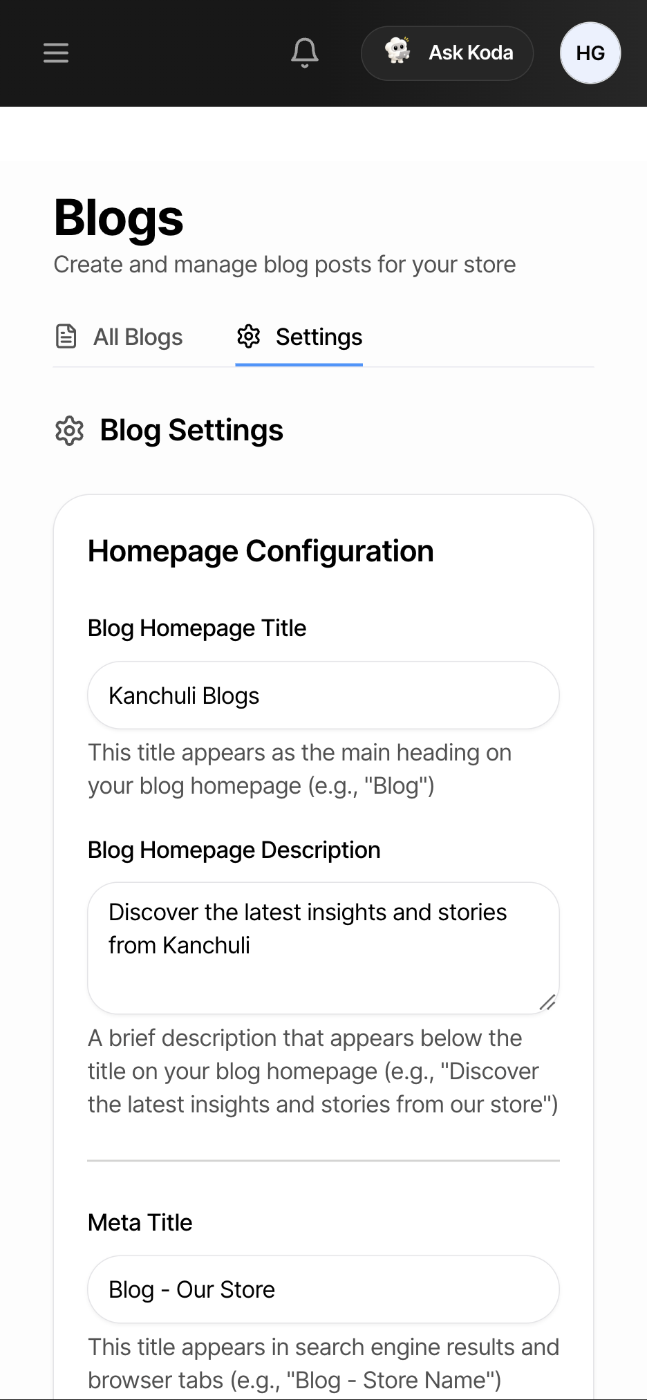 The Blog Settings tab with homepage title, description and meta boxes — as seen on a phone screen