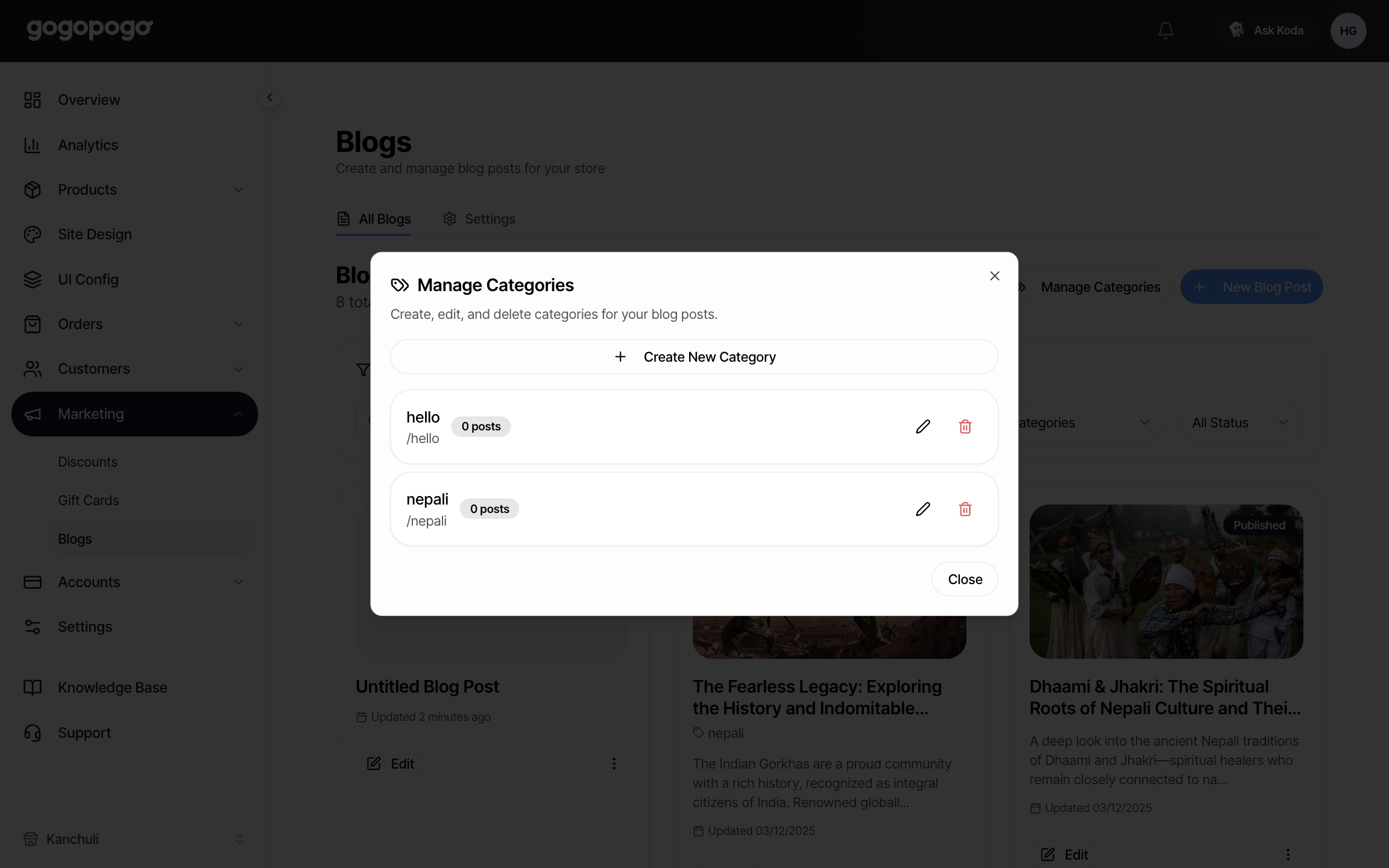 The Manage Categories window — as seen on a desktop or laptop screen