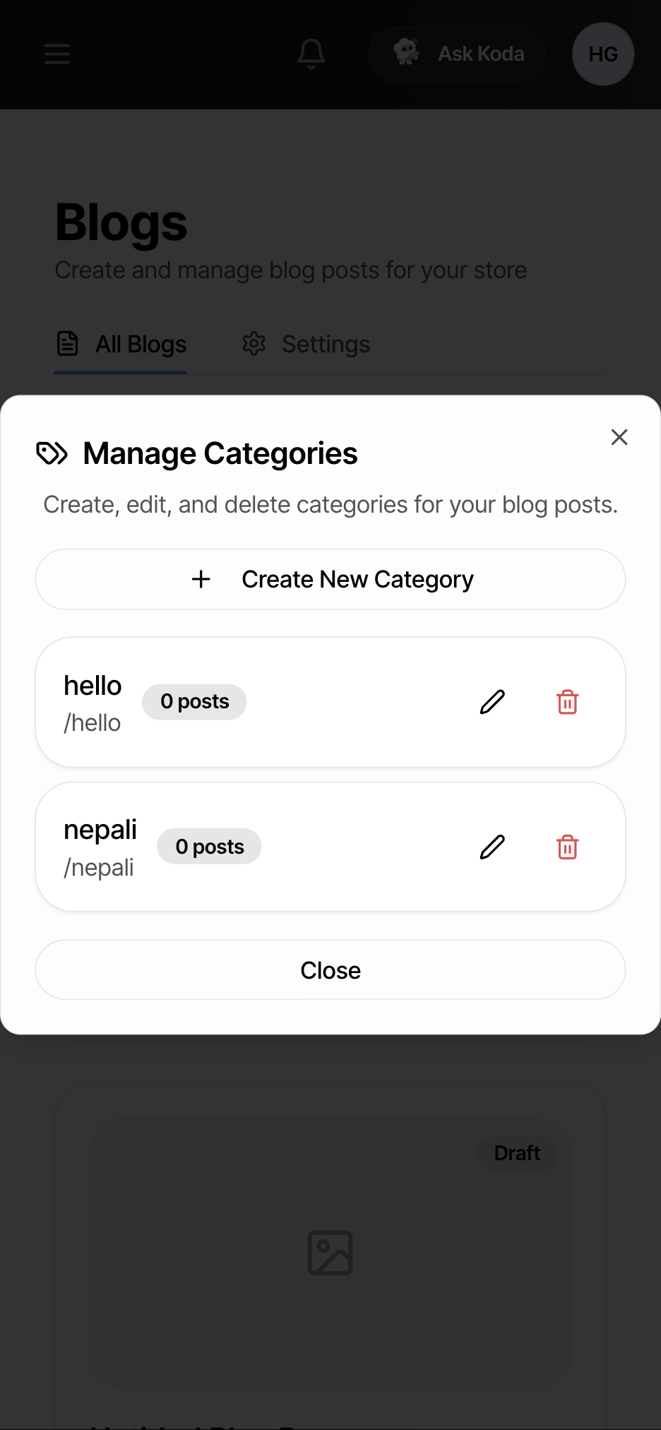 The Manage Categories window — as seen on a phone screen