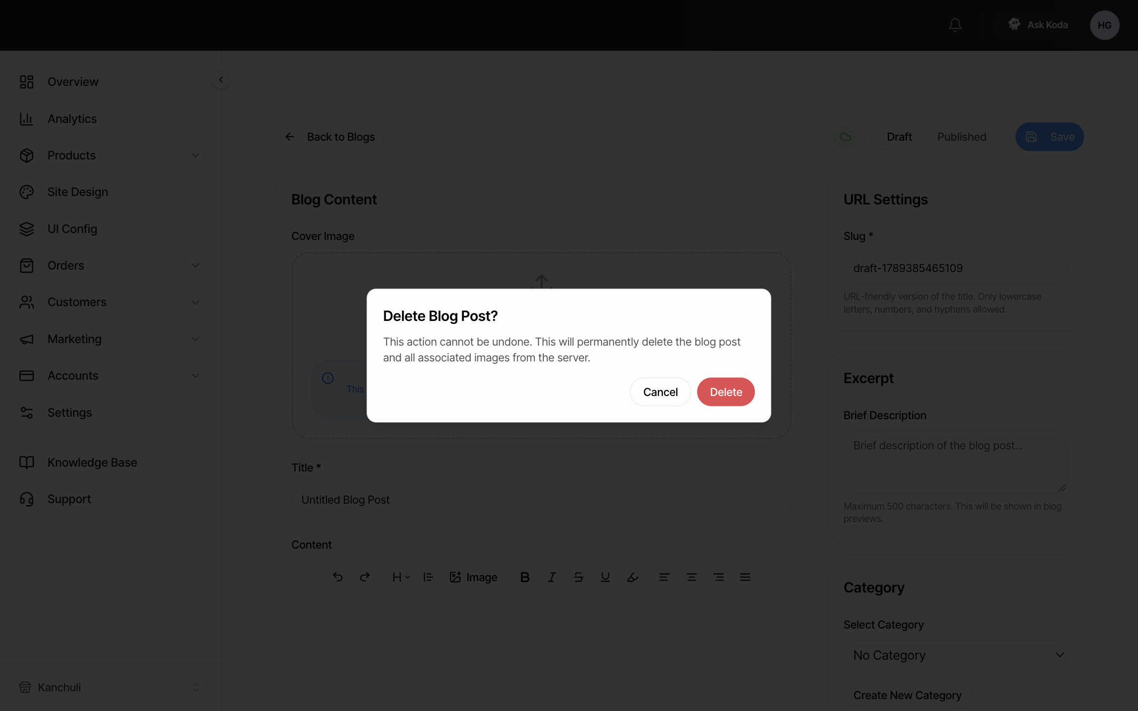 The delete blog post confirmation window — as seen on a desktop or laptop screen