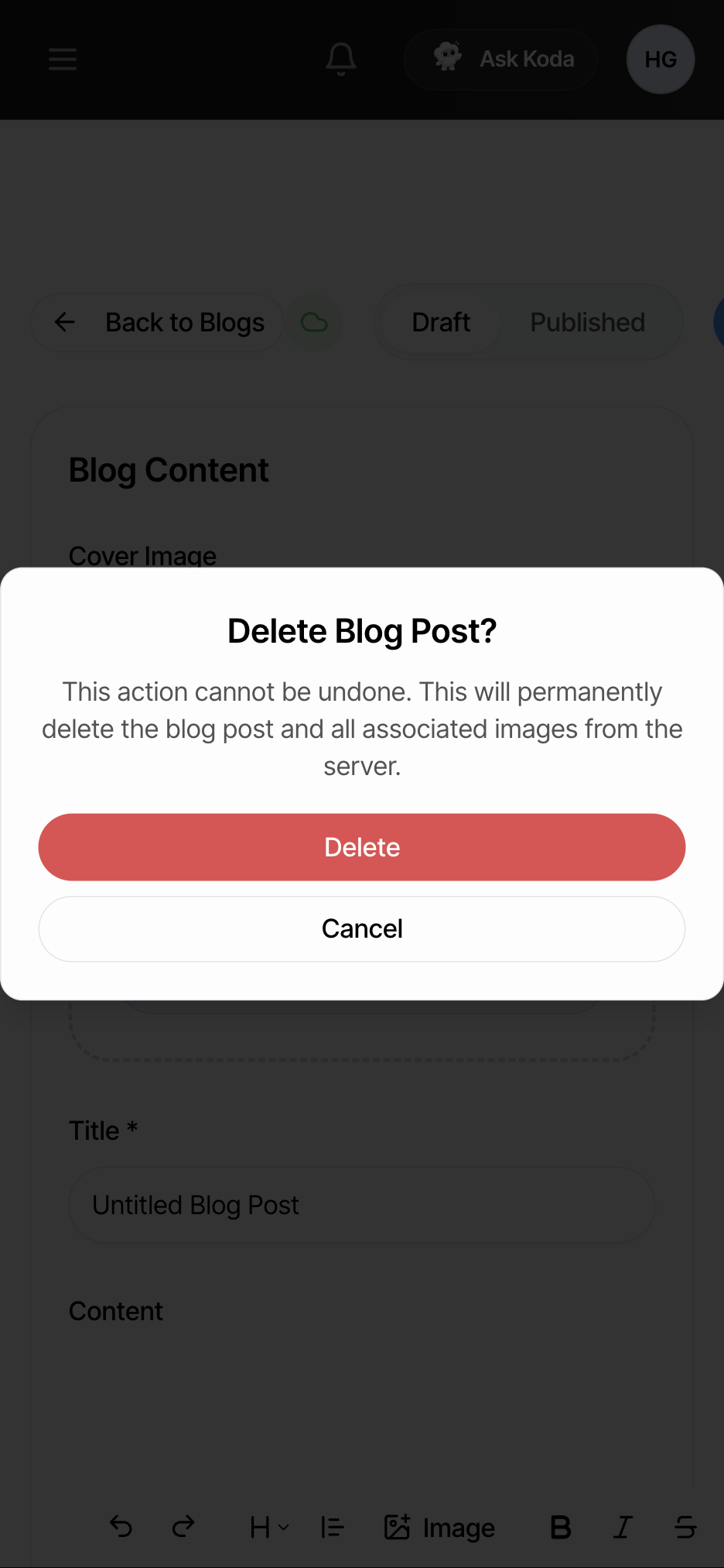 The delete blog post confirmation window — as seen on a phone screen